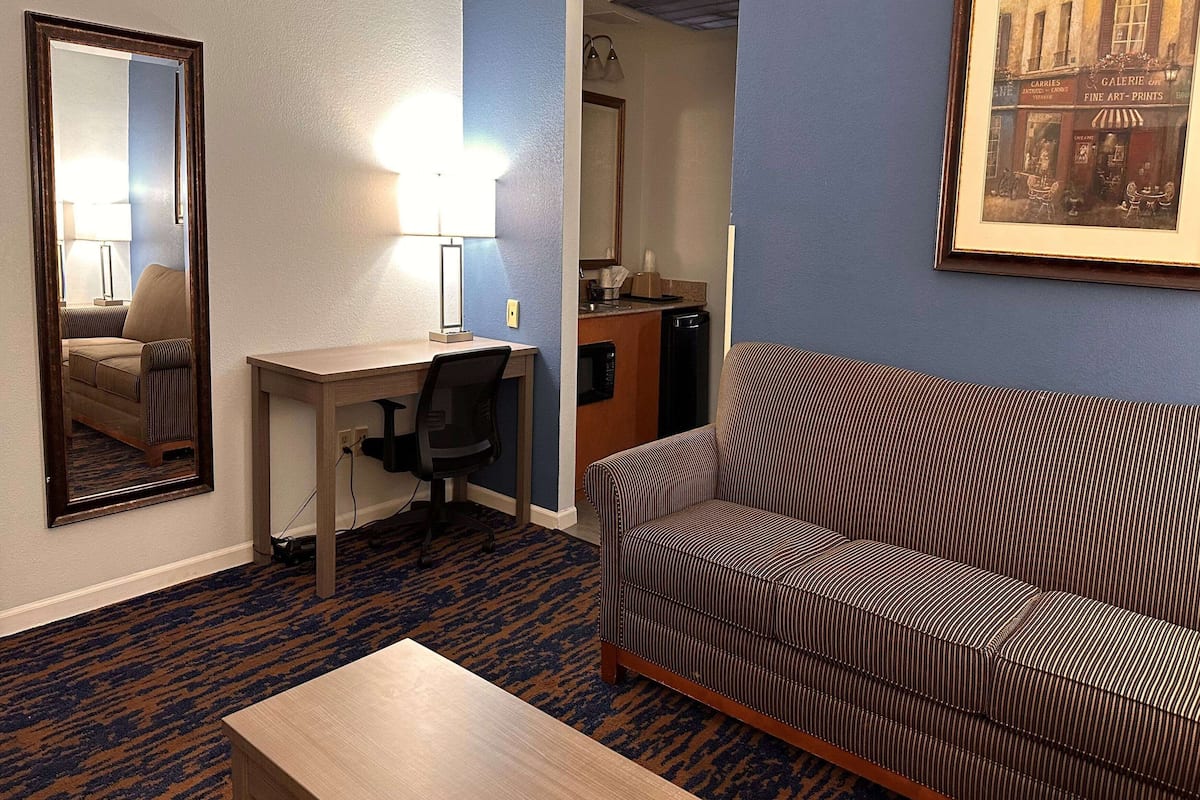 Une chambre d’hôtel équipée d’un bureau, d’une chaise, d’un canapé, d’un miroir et d’un tableau encadré au mur.