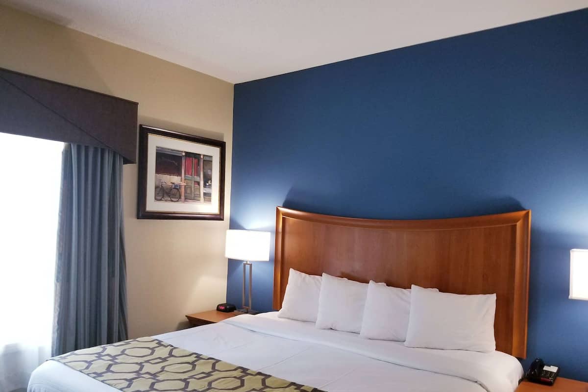 Une chambre d’hôtel avec un grand lit, une tête de lit en bois, une table de chevet avec une lampe et un tableau encadré au mur.