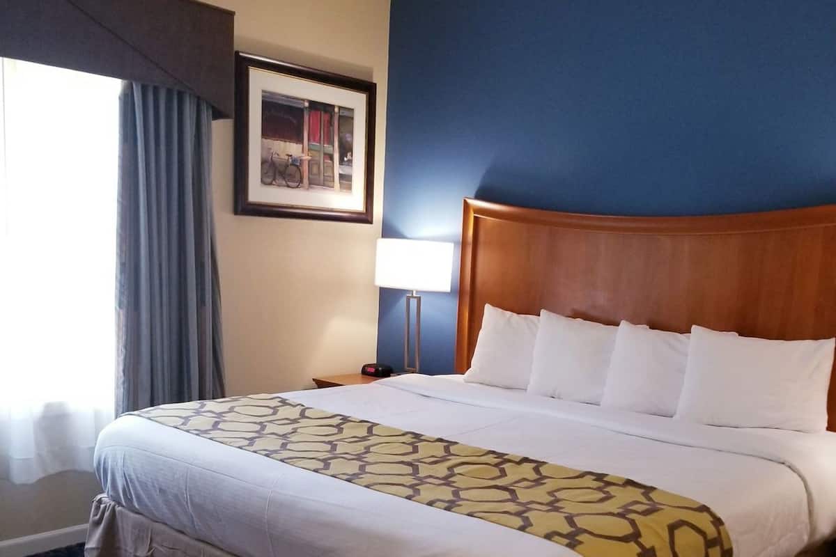 Une chambre d’hôtel avec un grand lit, une table de chevet, une lampe, un tableau encadré au mur et une fenêtre avec des rideaux.