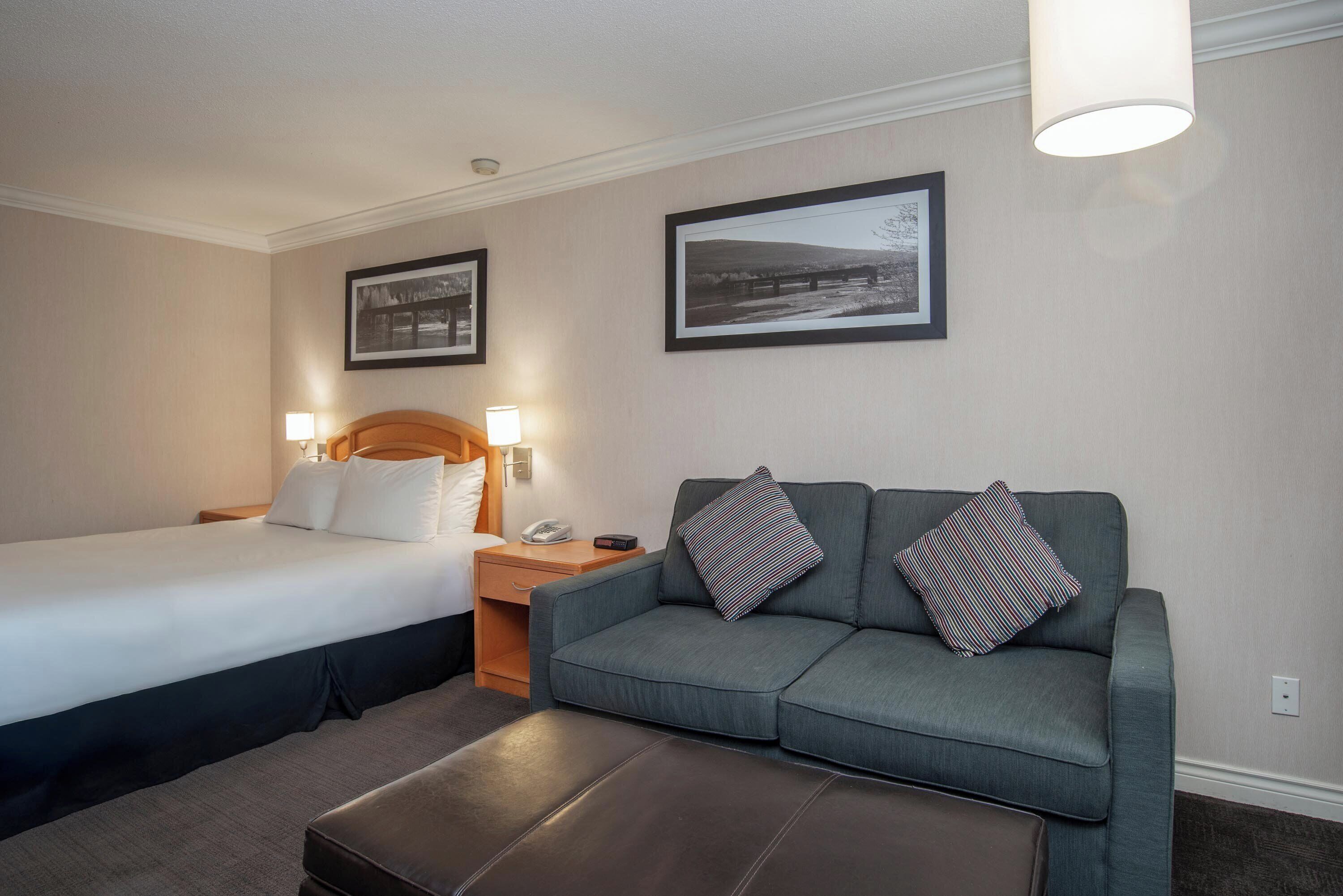 Une chambre d’hôtel avec un lit, un canapé gris, une table de chevet et deux tableaux encadrés au mur.