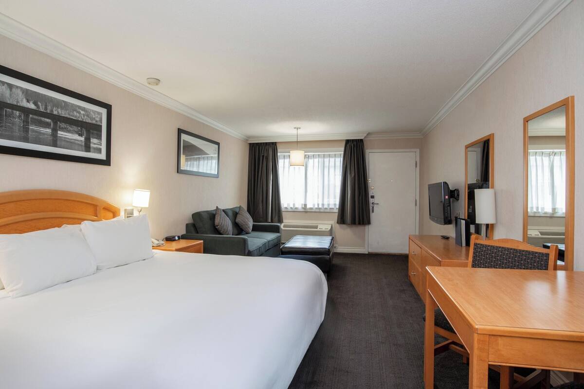 A hotel room with a large bed, a desk, a chair, a sofa, a television, and a window with curtains.