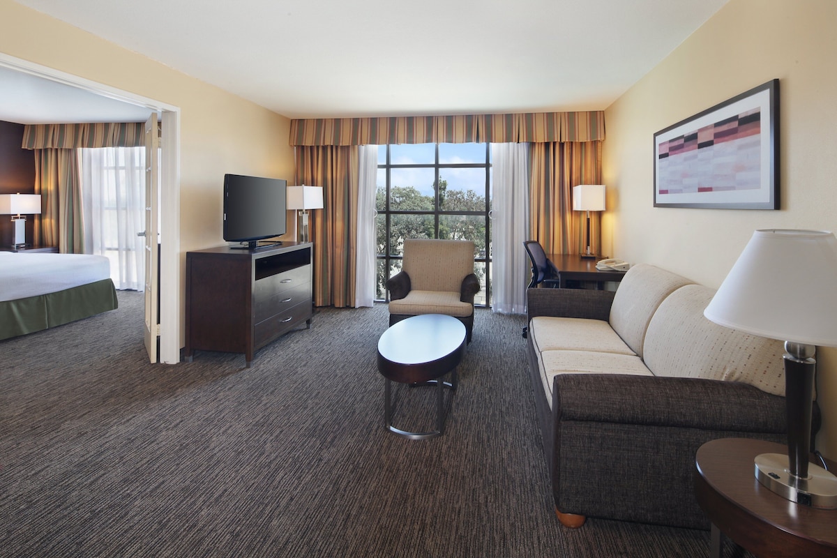 A hotel room with a bed, a desk with a television, a sofa, a chair, and a small table.