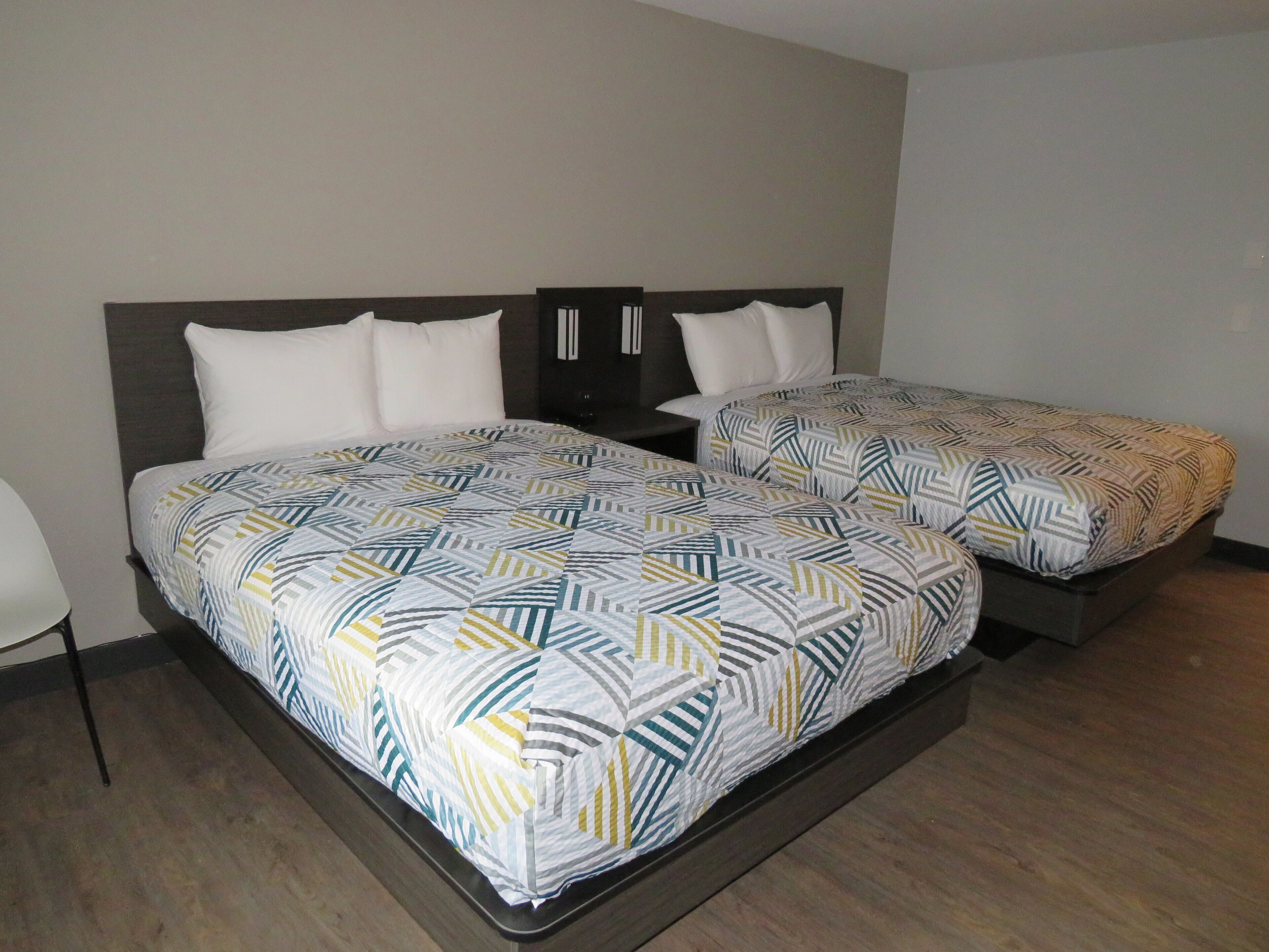 Desk, laptop workspace, blackout curtains, iron/ironing board