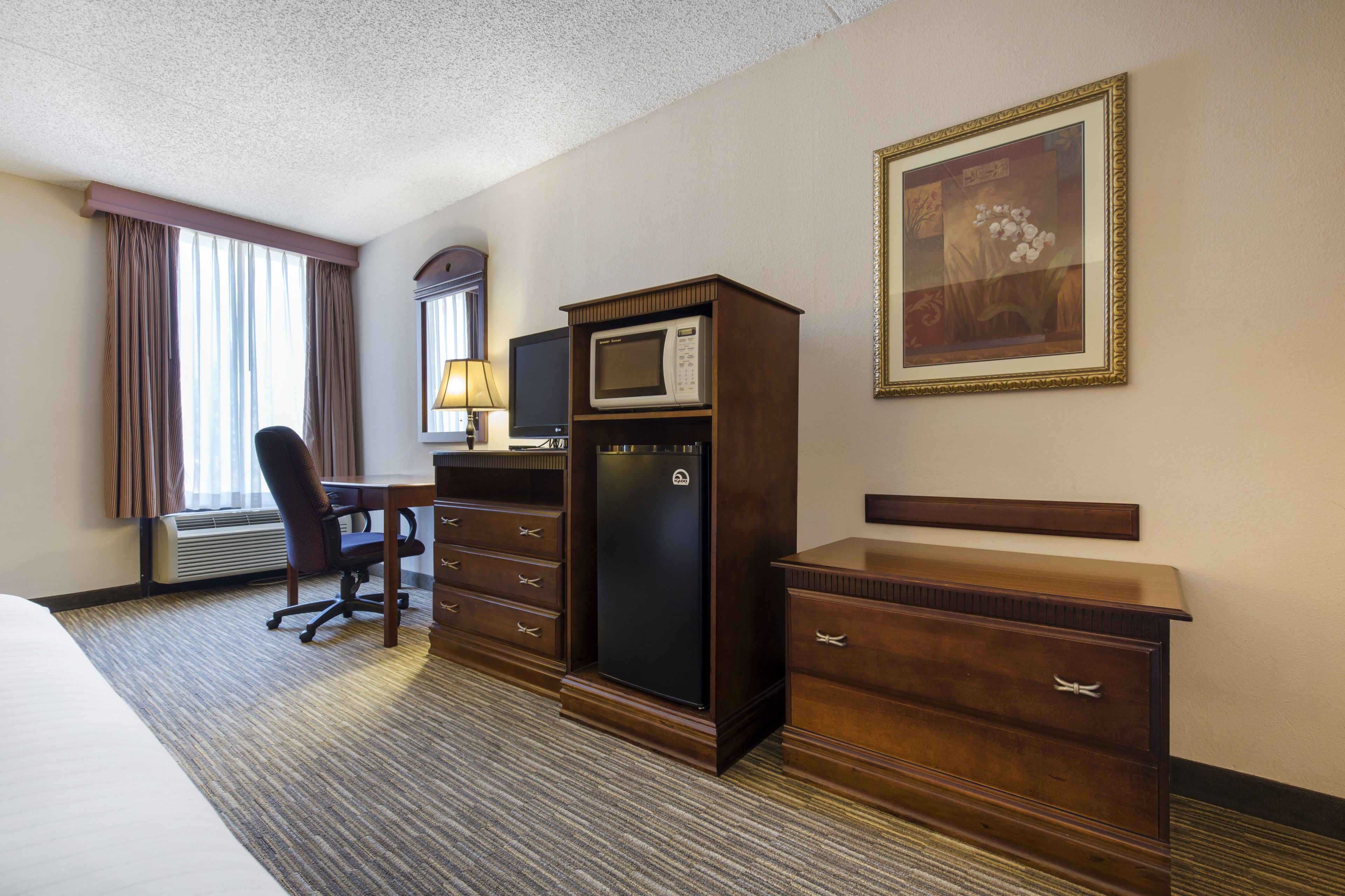A hotel room with a bed, a desk with a computer, a microwave, a dresser, a chair, and a framed picture on the wall.