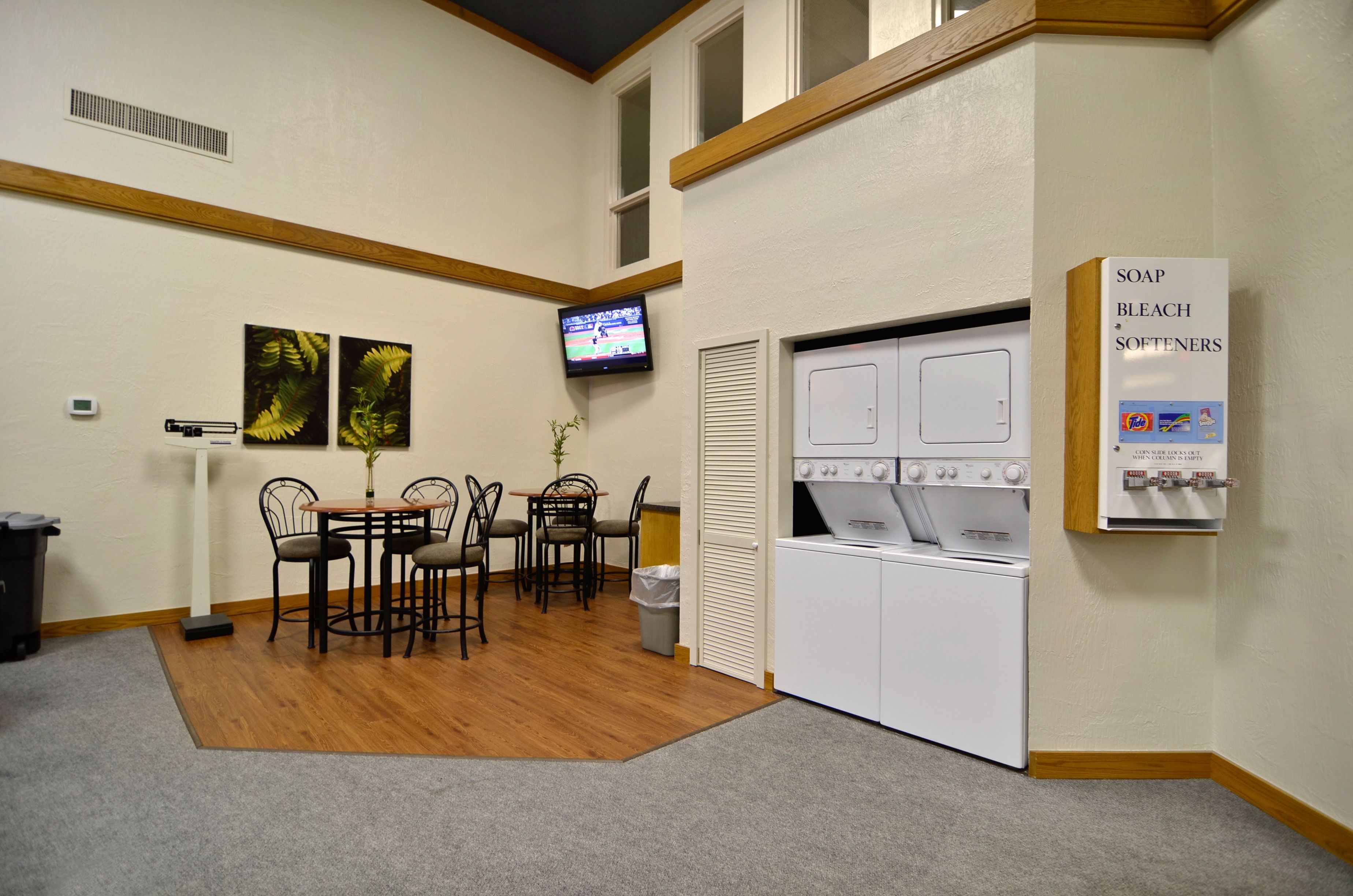 A laundry area with a washer and dryer, a television, and a table with chairs.