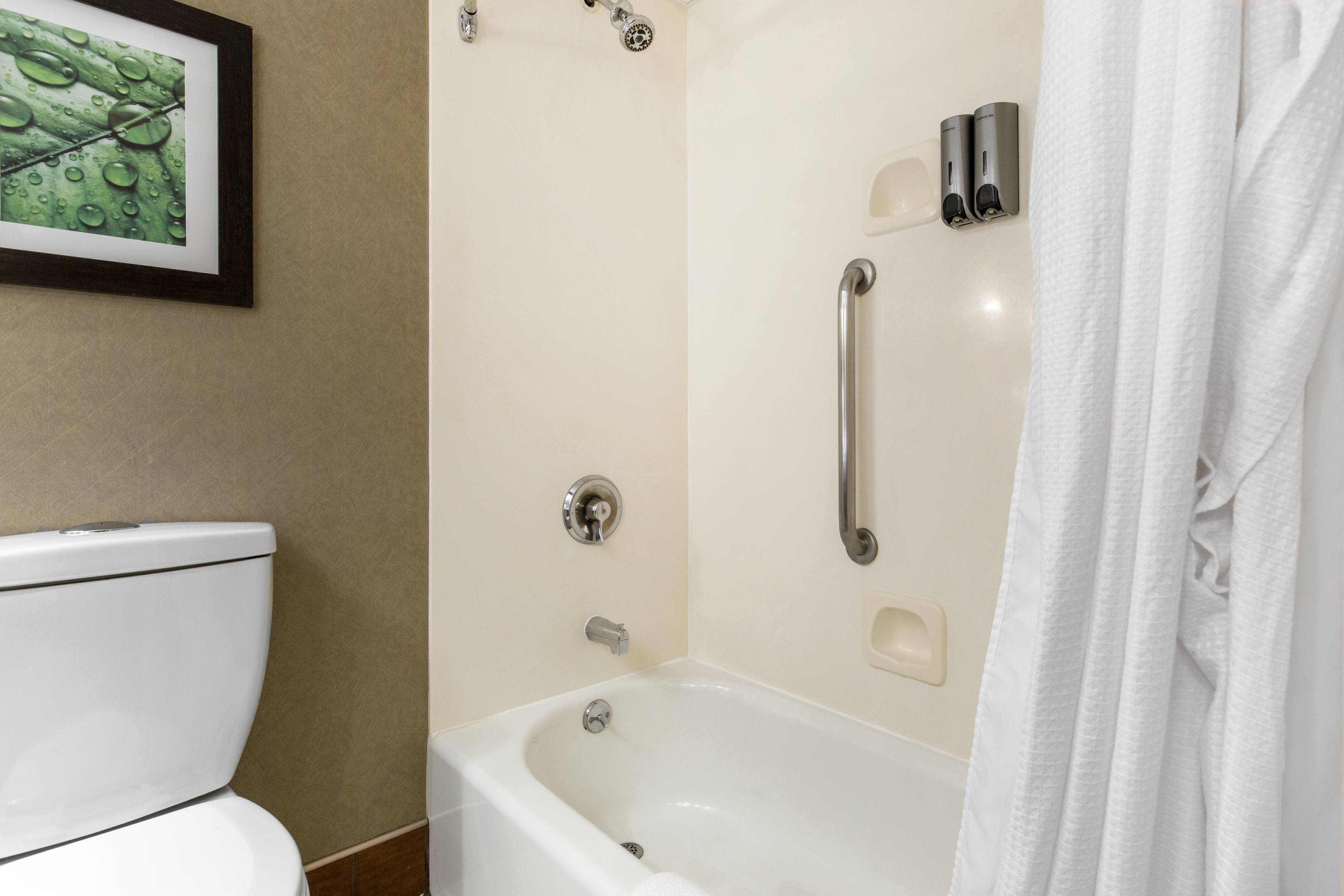 A bathroom with a bathtub, a toilet, a framed picture on the wall, and a towel rack.