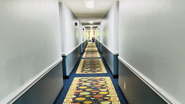 Een hotelgang met een kamerbreed tapijt, witte muren en een plafondlamp.
