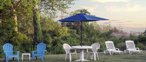 An outdoor seating area with a table and chairs, surrounded by greenery and trees.