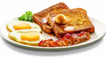 A plate with two fried eggs, toast, bacon, and a butter pat.