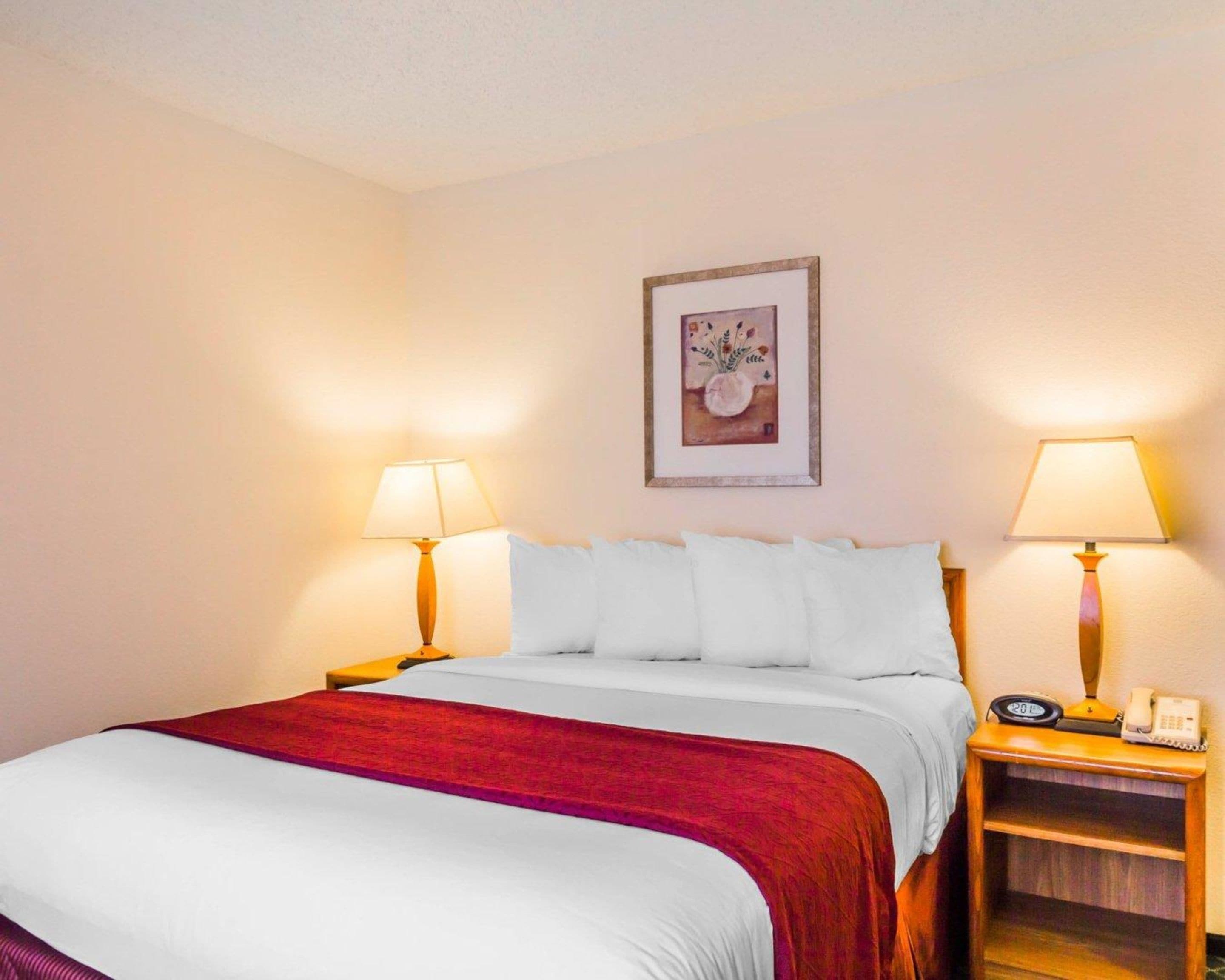 A neatly made bed with white and red bedding, two bedside lamps, a framed artwork on the wall, and a bedside table with a phone and alarm clock.