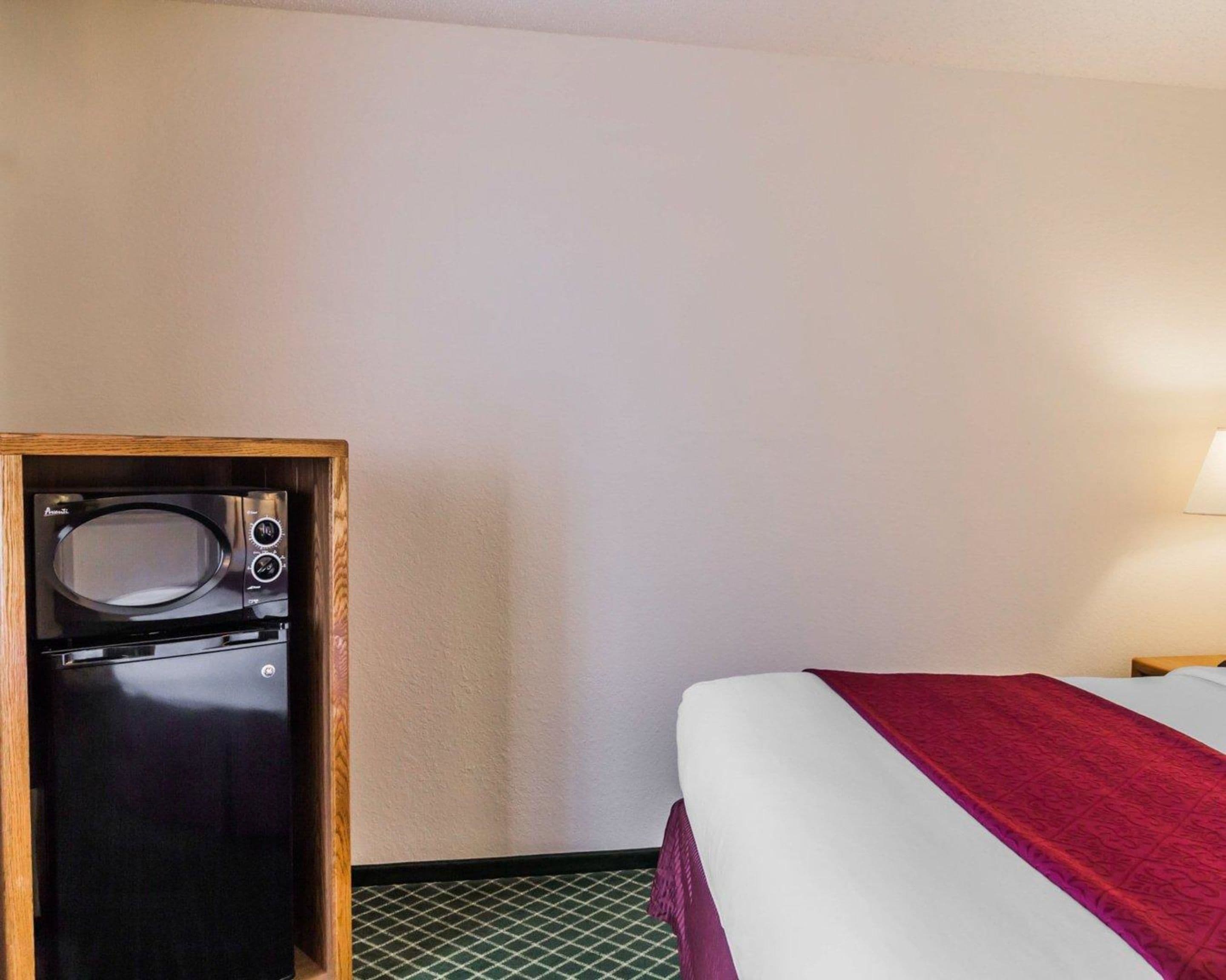 A hotel room with a bed, a microwave, and a small refrigerator.