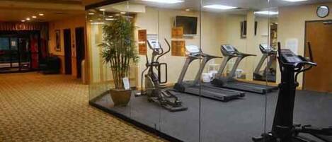 A gym with treadmills, stationary bikes, and a mirrored wall.