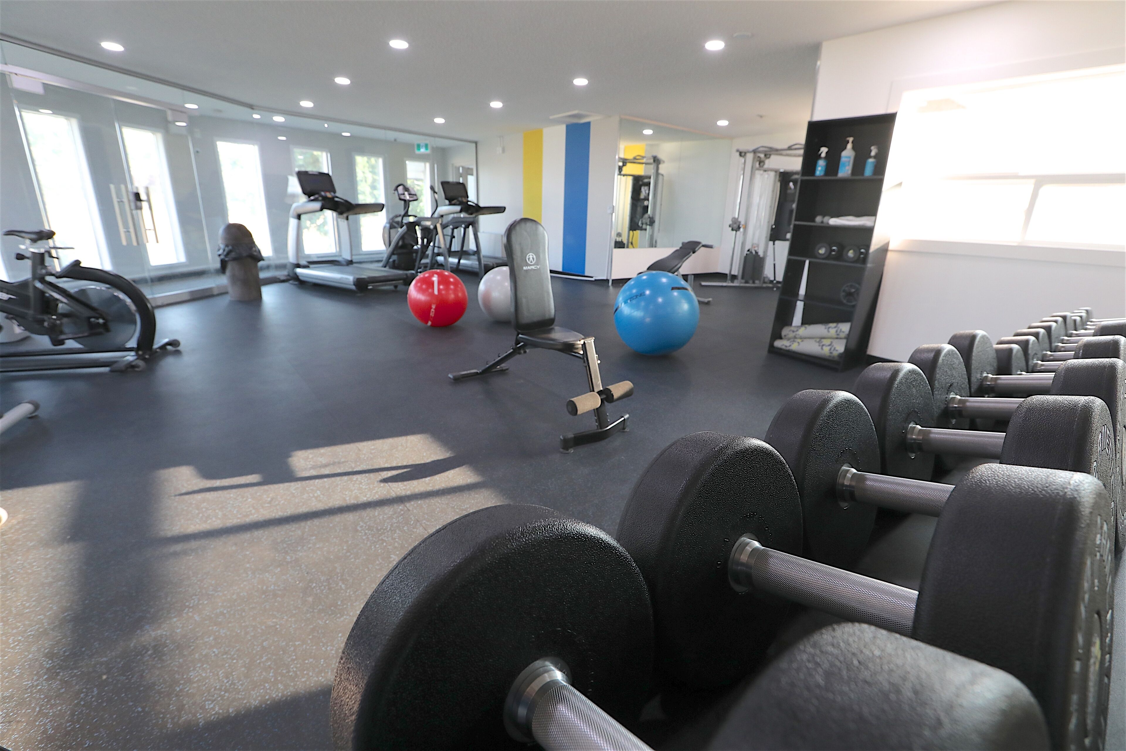 A gym with exercise equipment, treadmills, and a weight rack.