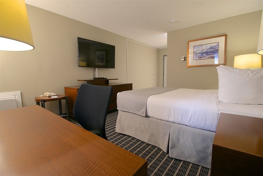 A hotel room with a bed, a desk, a chair, a television, and a framed picture on the wall.