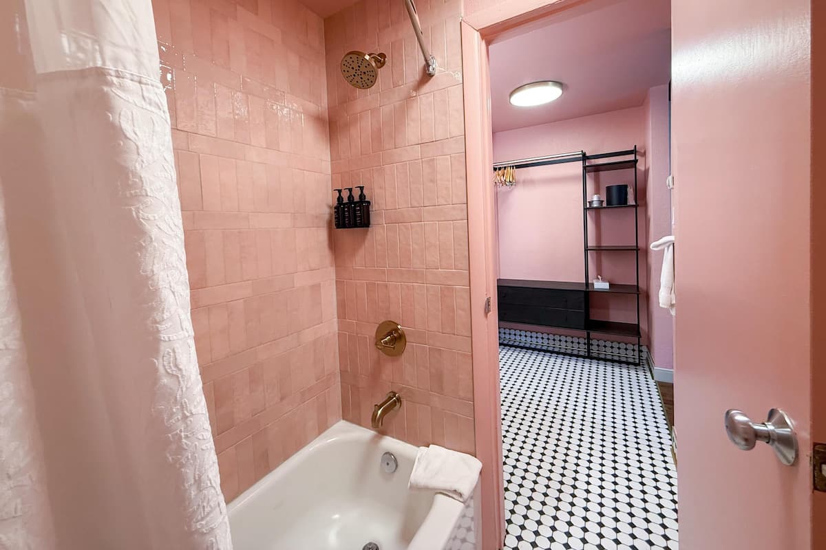Combined shower/bathtub, free toiletries, hair dryer, towels