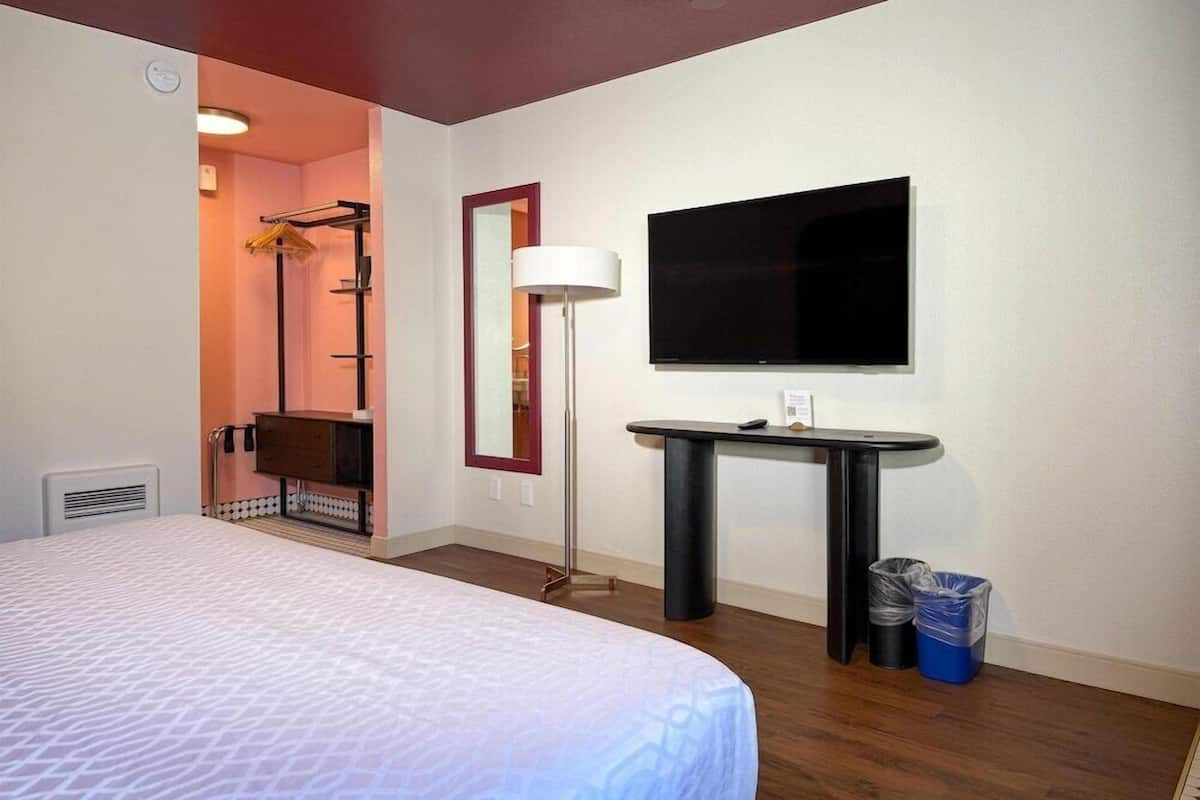Une chambre d’hôtel comprenant un lit, un téléviseur fixé au mur, un bureau avec une poubelle et un espace douche.