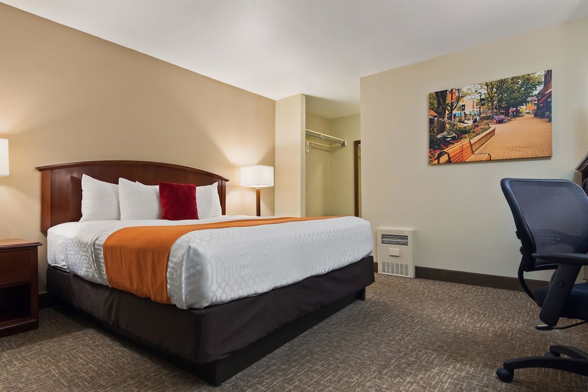 A hotel room with a bed, bedside tables, a desk, and a chair.