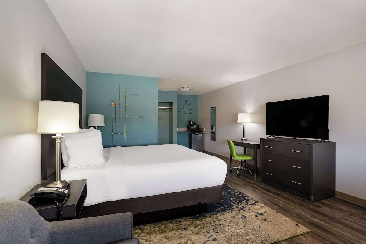 Standard Room, 1 King Bed, Non Smoking (Larger Room) | Desk, laptop workspace, blackout drapes, iron/ironing board
