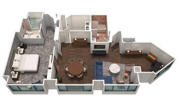 Distribución moderna de un apartamento con dormitorio, baño, sala de estar, comedor y un balcón pequeño.