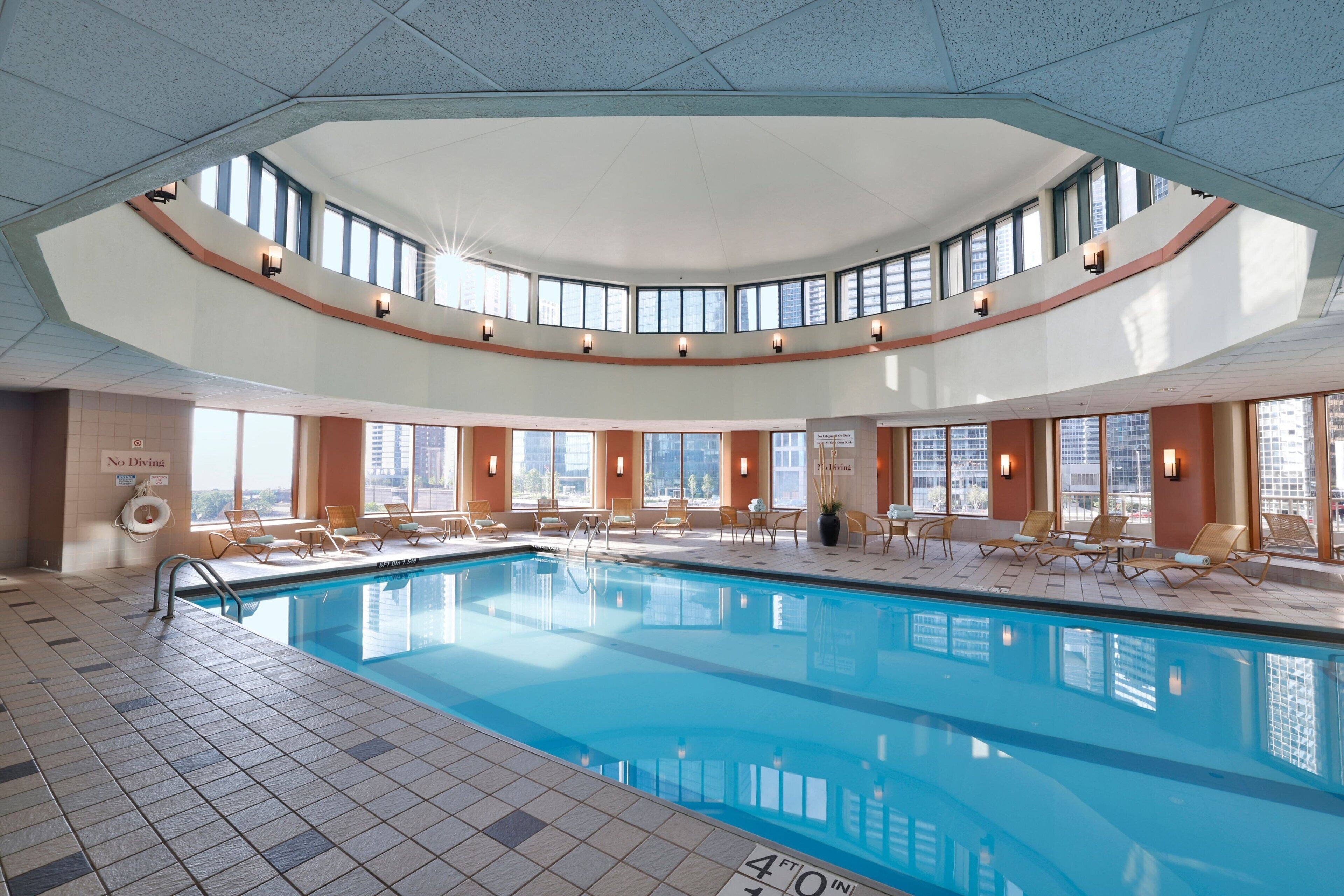 indoor pool, open 6:00 am to 10:00 pm, pool loungers