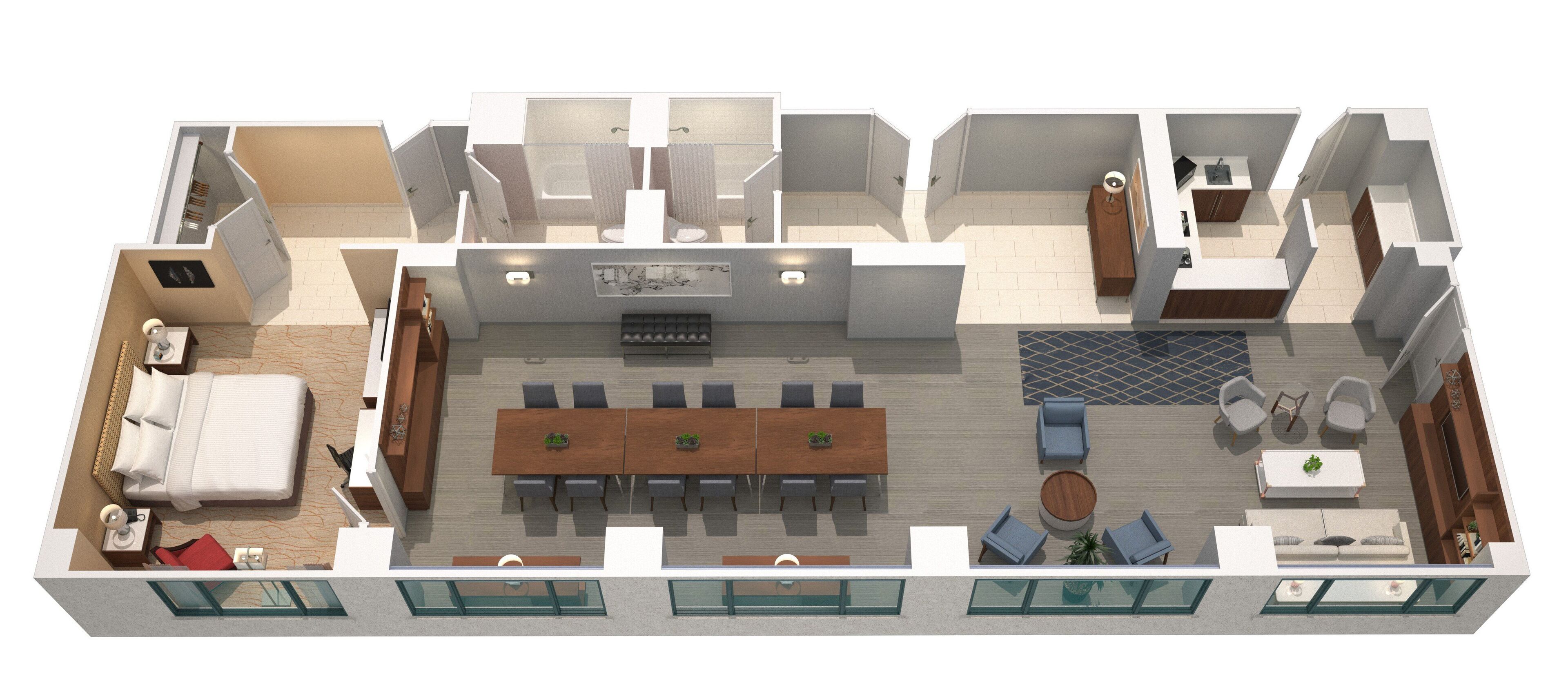 A modern hotel layout with a central dining area, multiple bedrooms, a bathroom, and a small kitchen.
