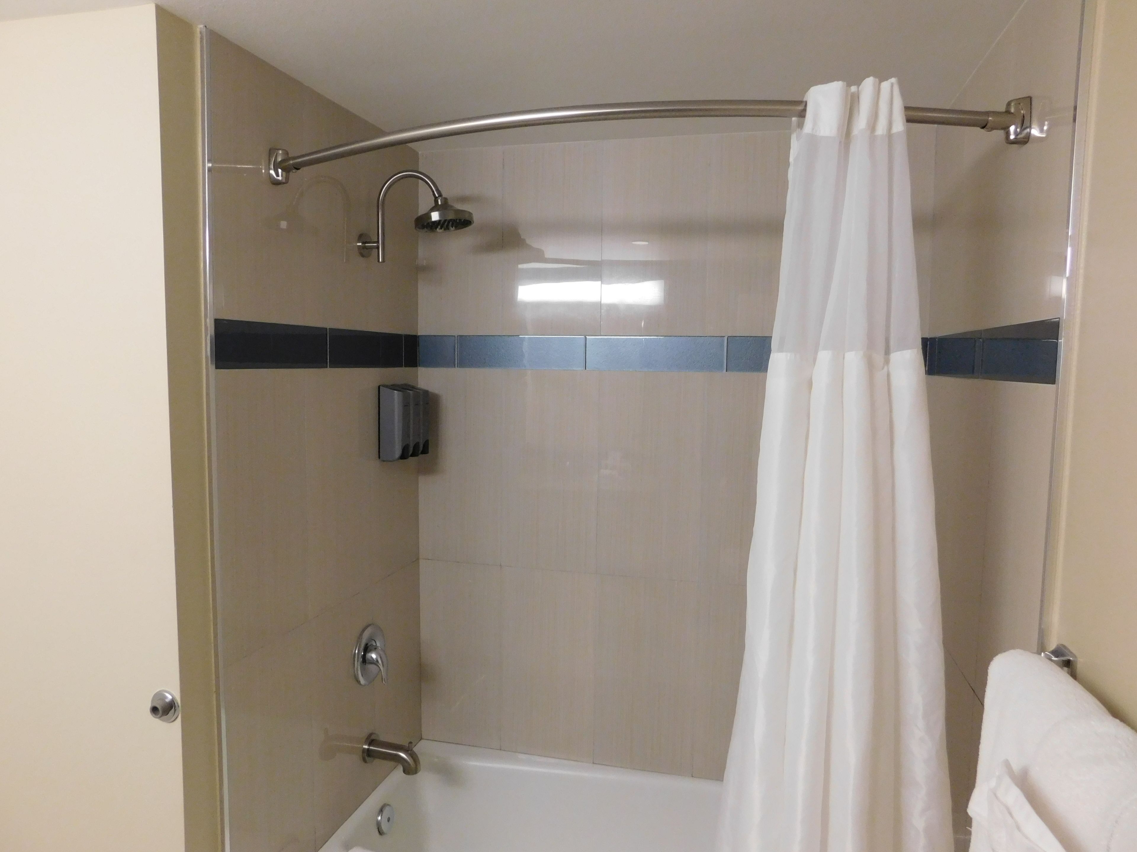 combined shower/bathtub, free toiletries, hair dryer, towels