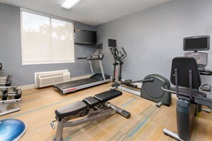 A gym with a treadmill, elliptical, and weight machines.