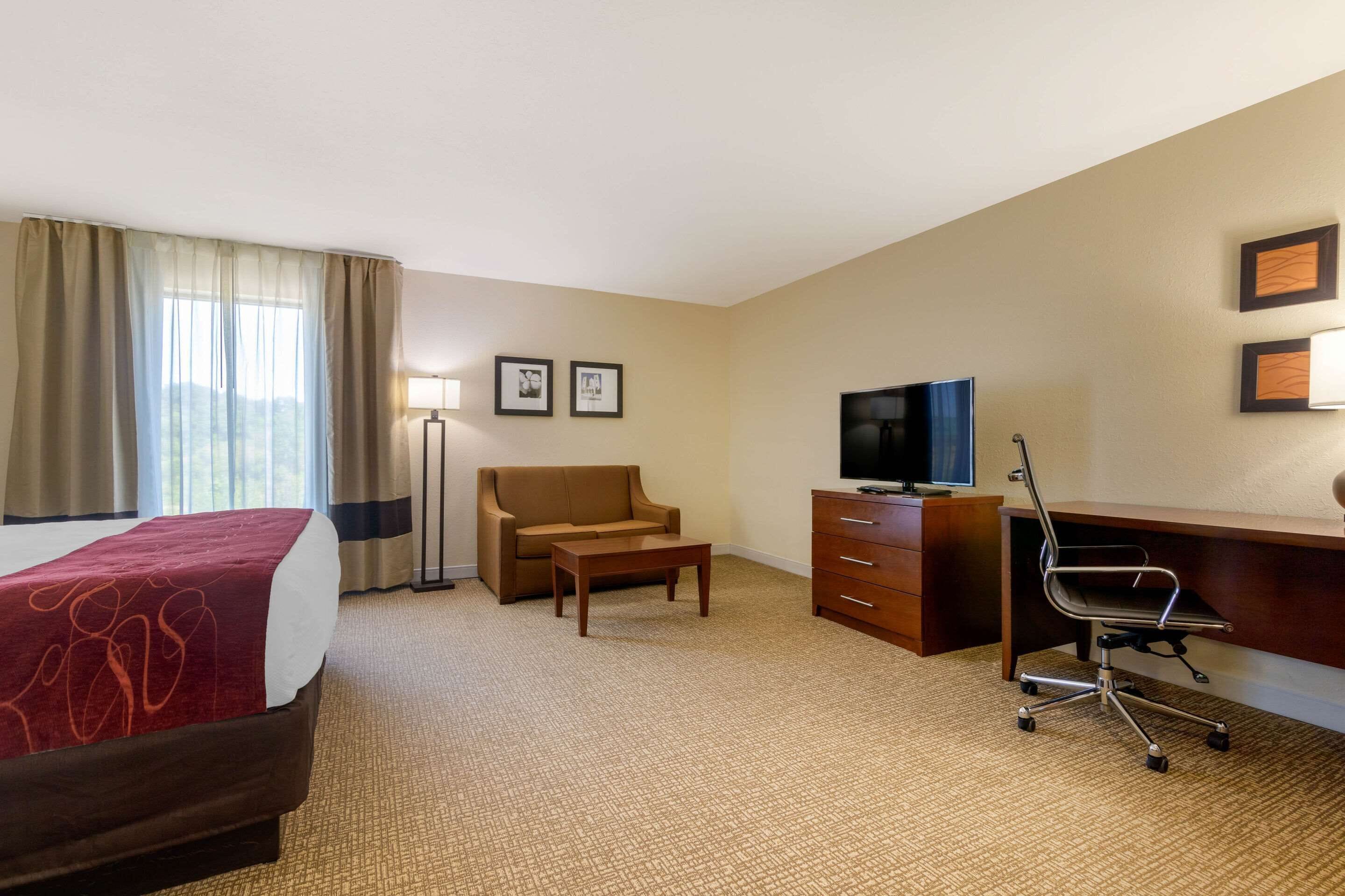 Habitación de hotel con cama, escritorio, silla, televisor y sofá.
