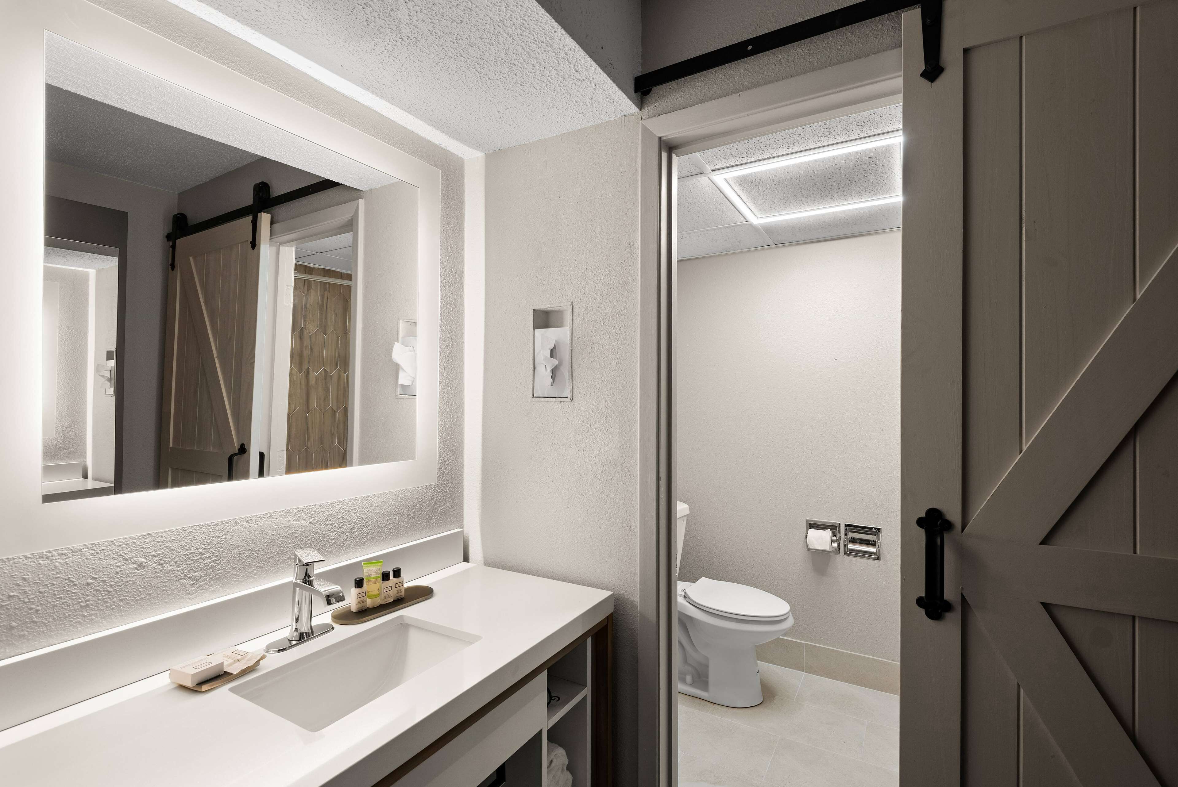 A modern bathroom with a large mirror, white sink, and a toilet.