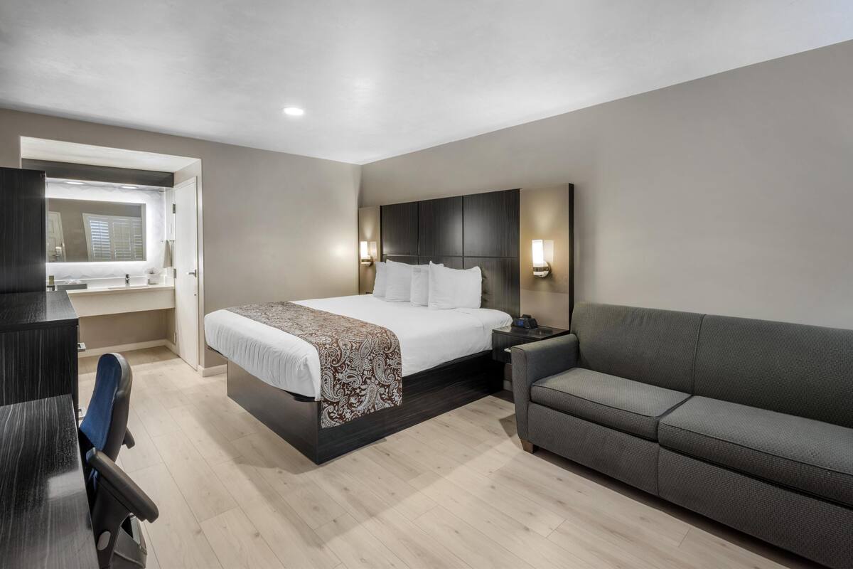 A hotel room with a bed, a desk, a chair, a sofa, and a TV.