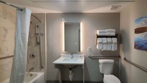 A modern bathroom with a bathtub, shower, sink, and toilet.