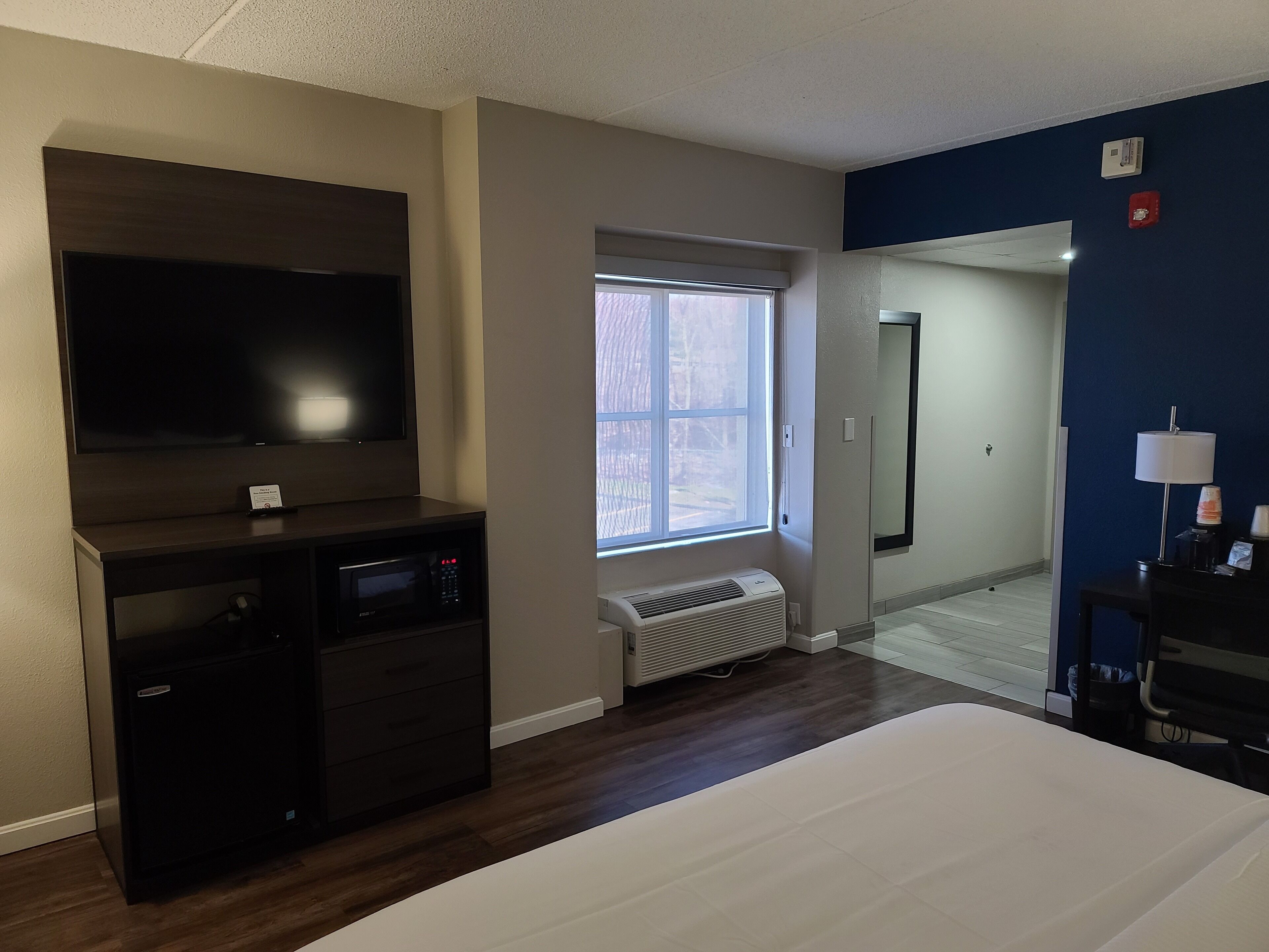 A hotel room with a bed, a desk with a flat-screen TV, a heater, a window, and a mirror.