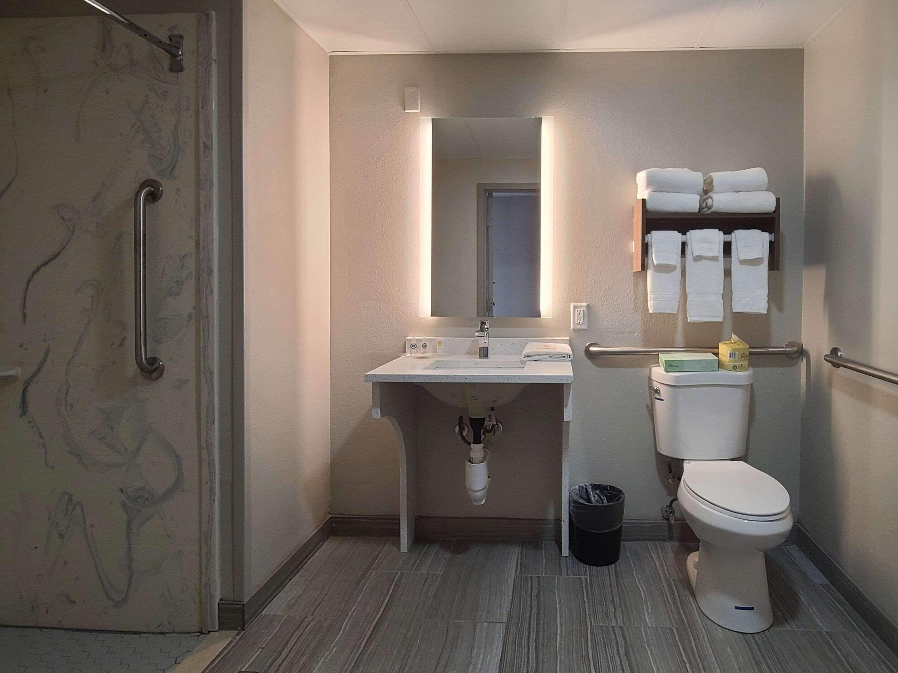 Un baño con ducha, lavamanos, inodoro y barras de apoyo.