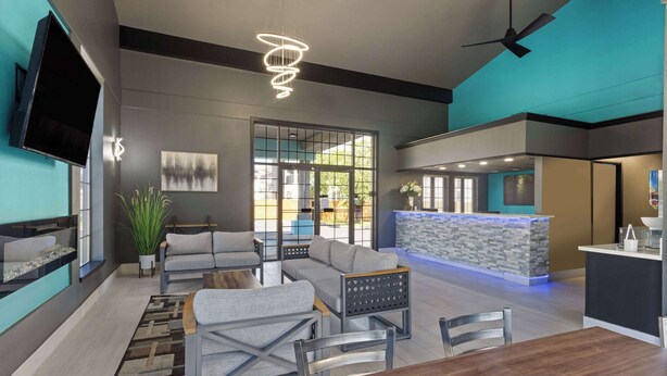 Un interior moderno con sofá, mesa de comedor y una zona de cocina con barra.