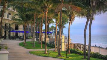 A resort with palm trees, outdoor seating, and a view of the ocean.