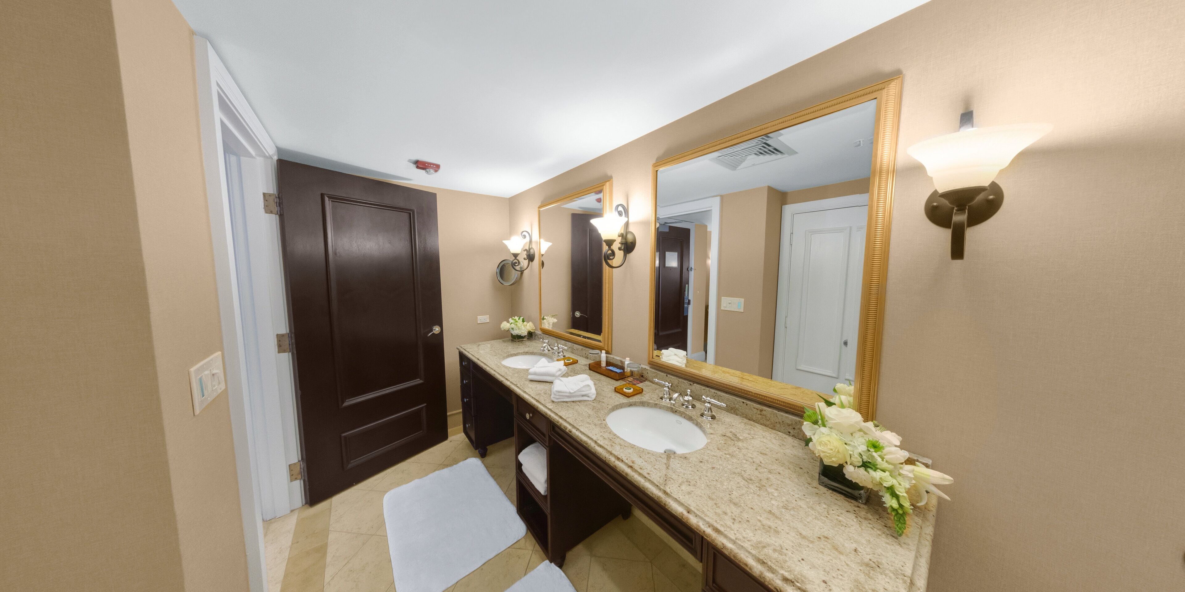 separate bathtub and shower, designer toiletries, hair dryer, bathrobes