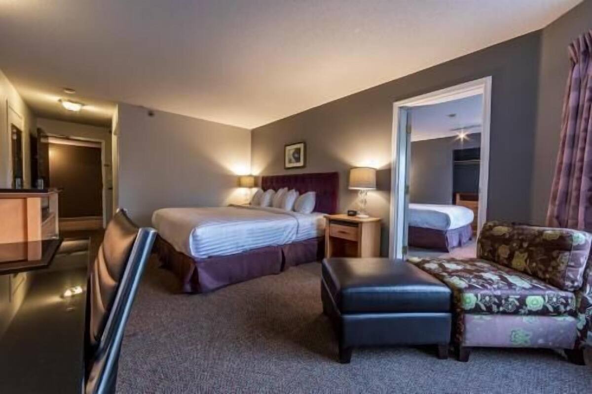 Desk, laptop workspace, iron/ironing board, free cribs/infant beds