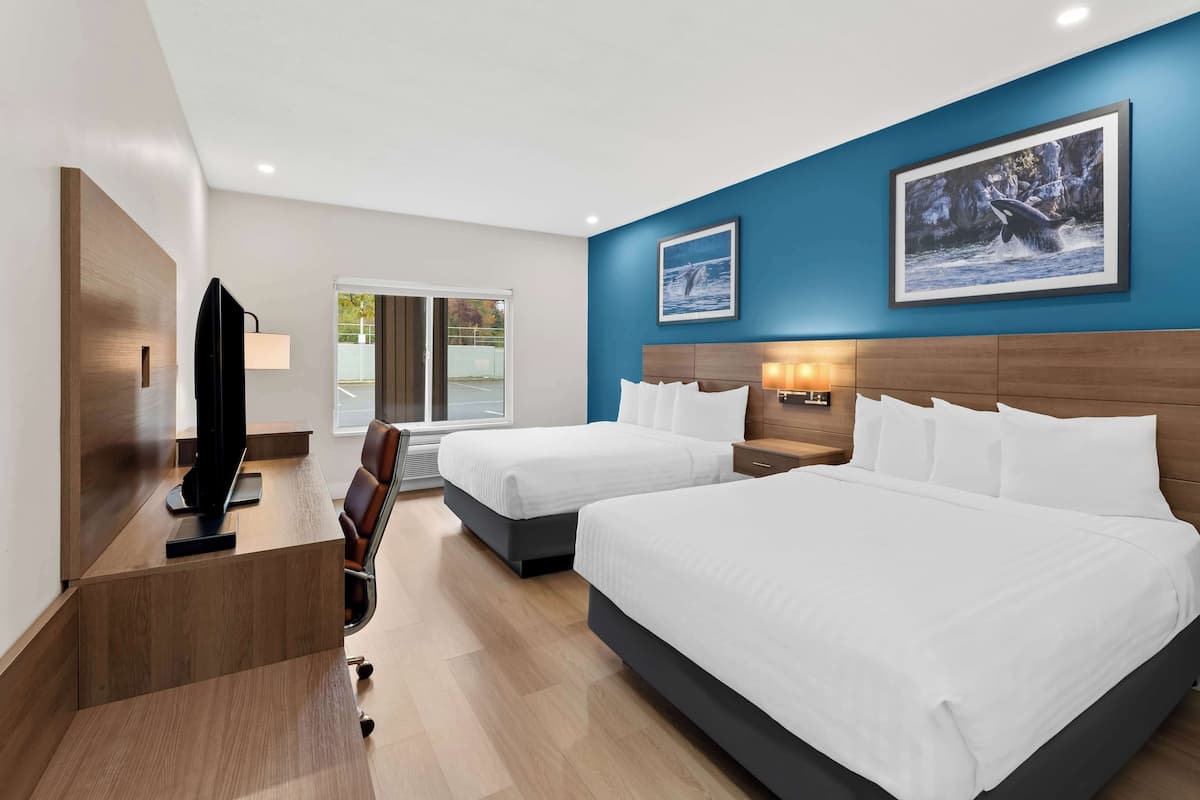 Ein Hotelzimmer mit zwei Betten, einem Schreibtisch, einem Fernseher und Bildern an den Wänden.