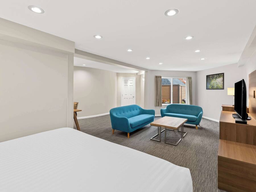 A hotel room with a large bed, two blue sofas, a small table, a TV, and a wooden desk.