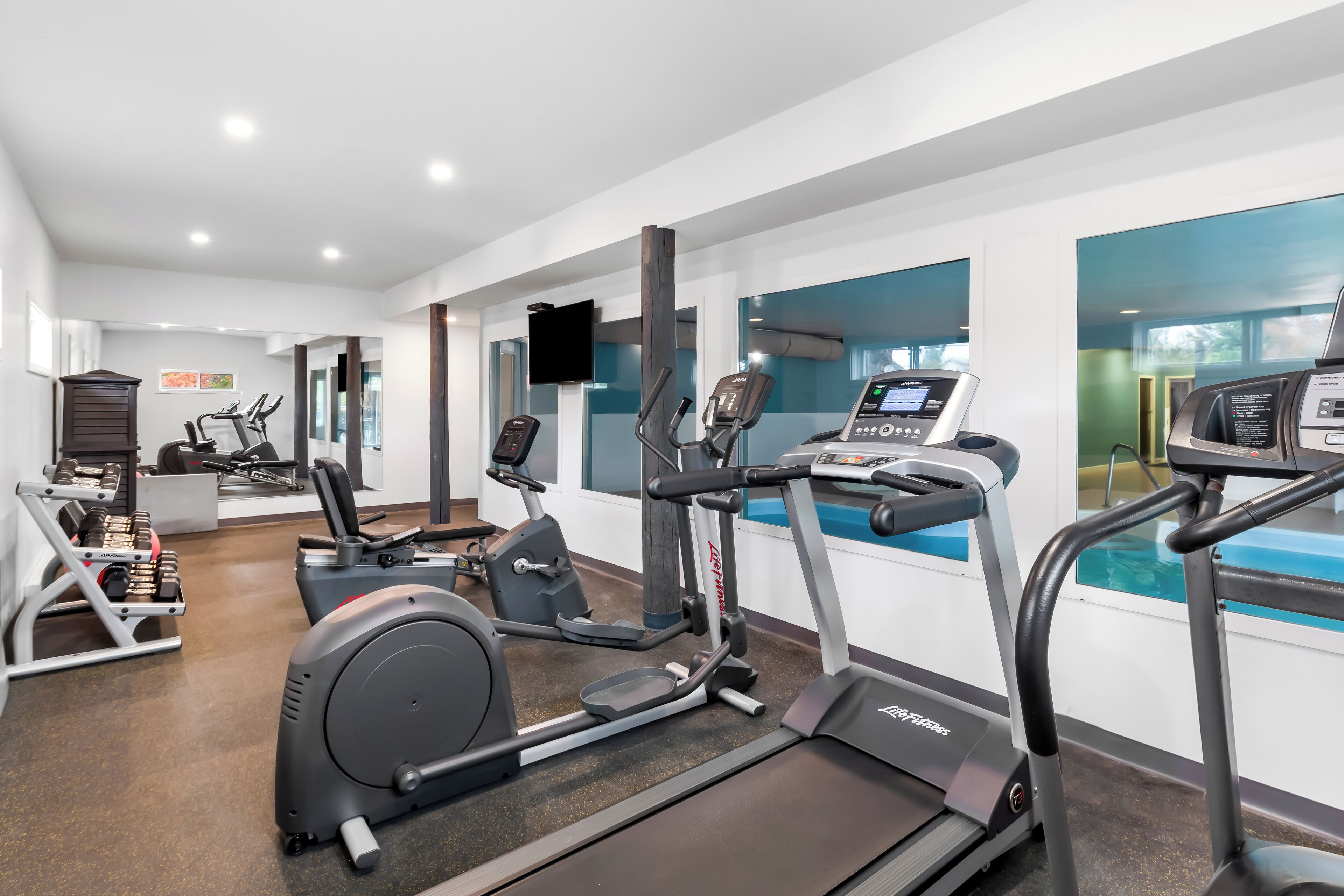 Ein modernes Fitnessstudio mit Laufbändern, Crosstrainern und Gewichtsmaschinen.