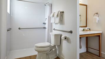 A modern bathroom with a walk-in shower, a toilet, and a sink with a mirror.