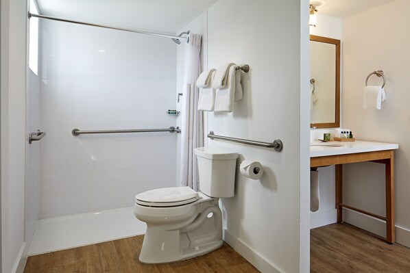 A modern bathroom with a walk-in shower, a toilet, and a sink with a mirror. - Hadley Resort and Marina (Islamorada)