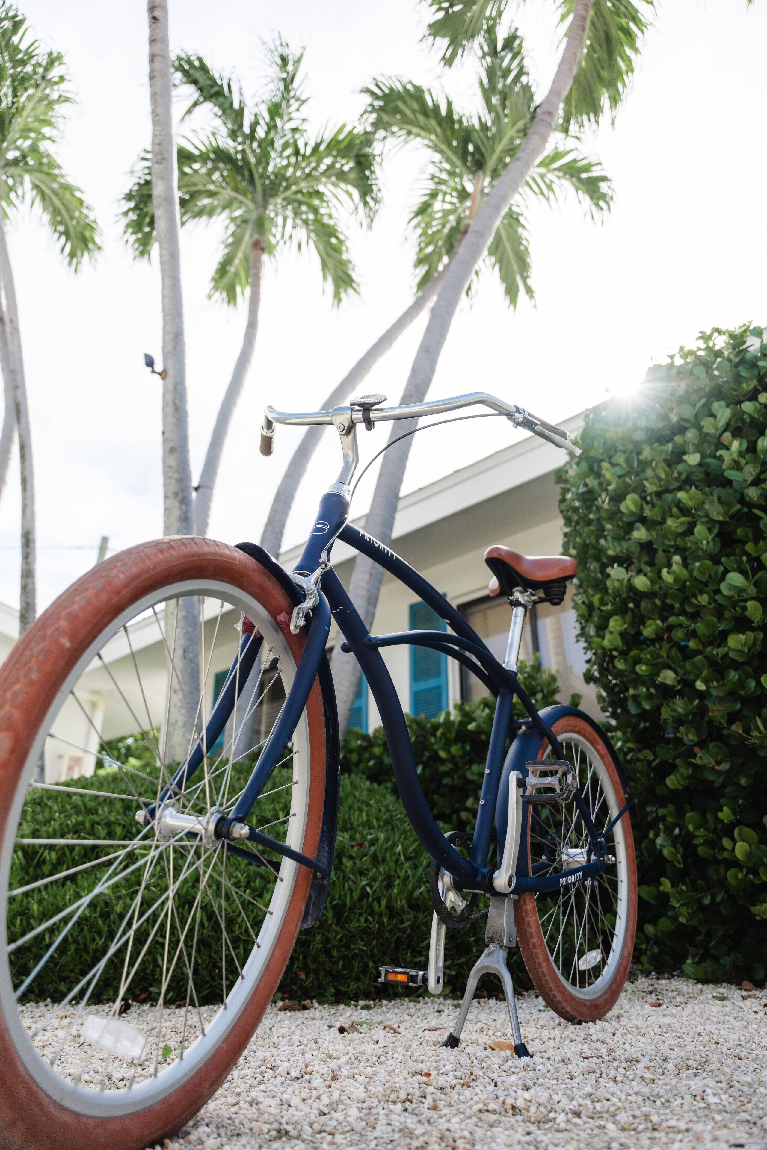 A bicycle parked on a gravel surface with a house and palm trees in the background.