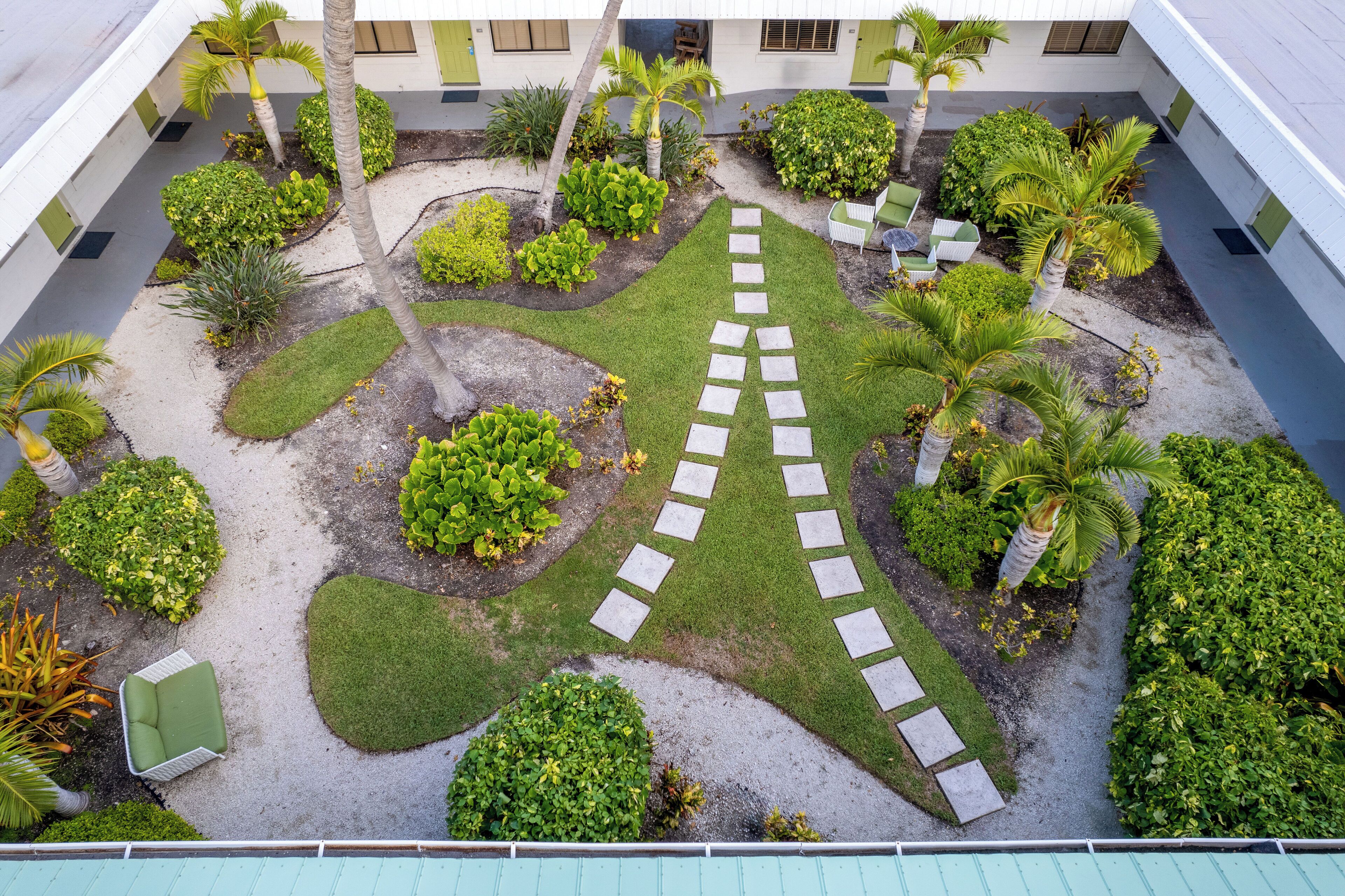 A courtyard with a central stone pathway, surrounded by various green plants and palm trees.