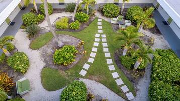 A courtyard with a central stone pathway, surrounded by various green plants and palm trees.