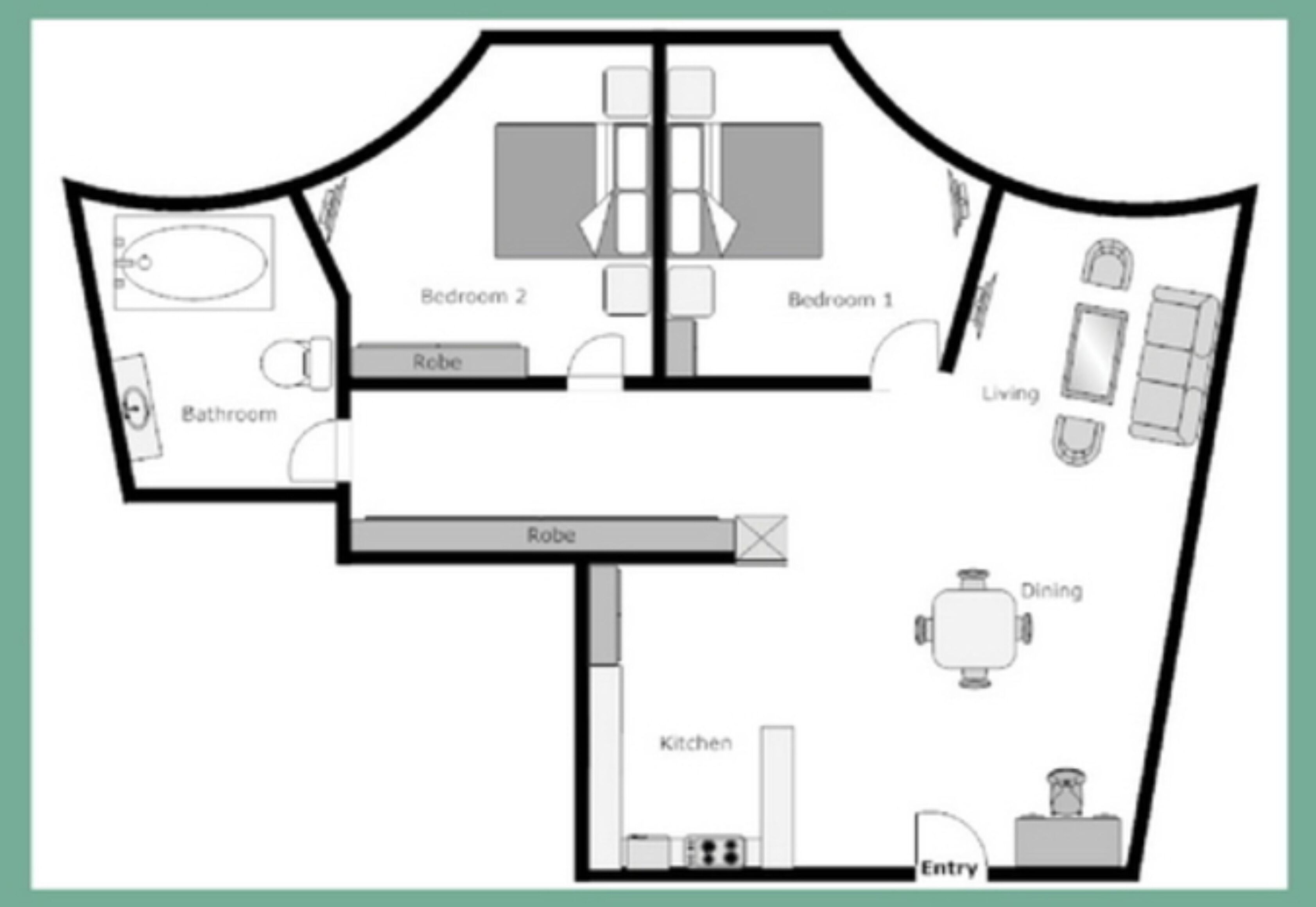 A floor plan of a hotel room with two bedrooms, a bathroom, a robe, a dining area, a kitchen, and an entryway.