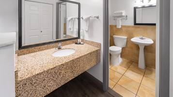 Une salle de bain avec un lavabo en granit, un miroir, des toilettes et un autre lavabo sur pied.