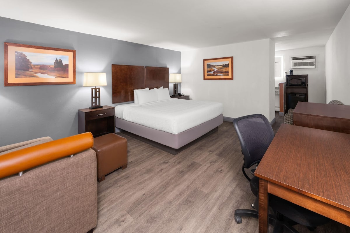 A hotel room with a bed, a desk, a chair, a lamp, a nightstand, and two framed pictures on the wall.