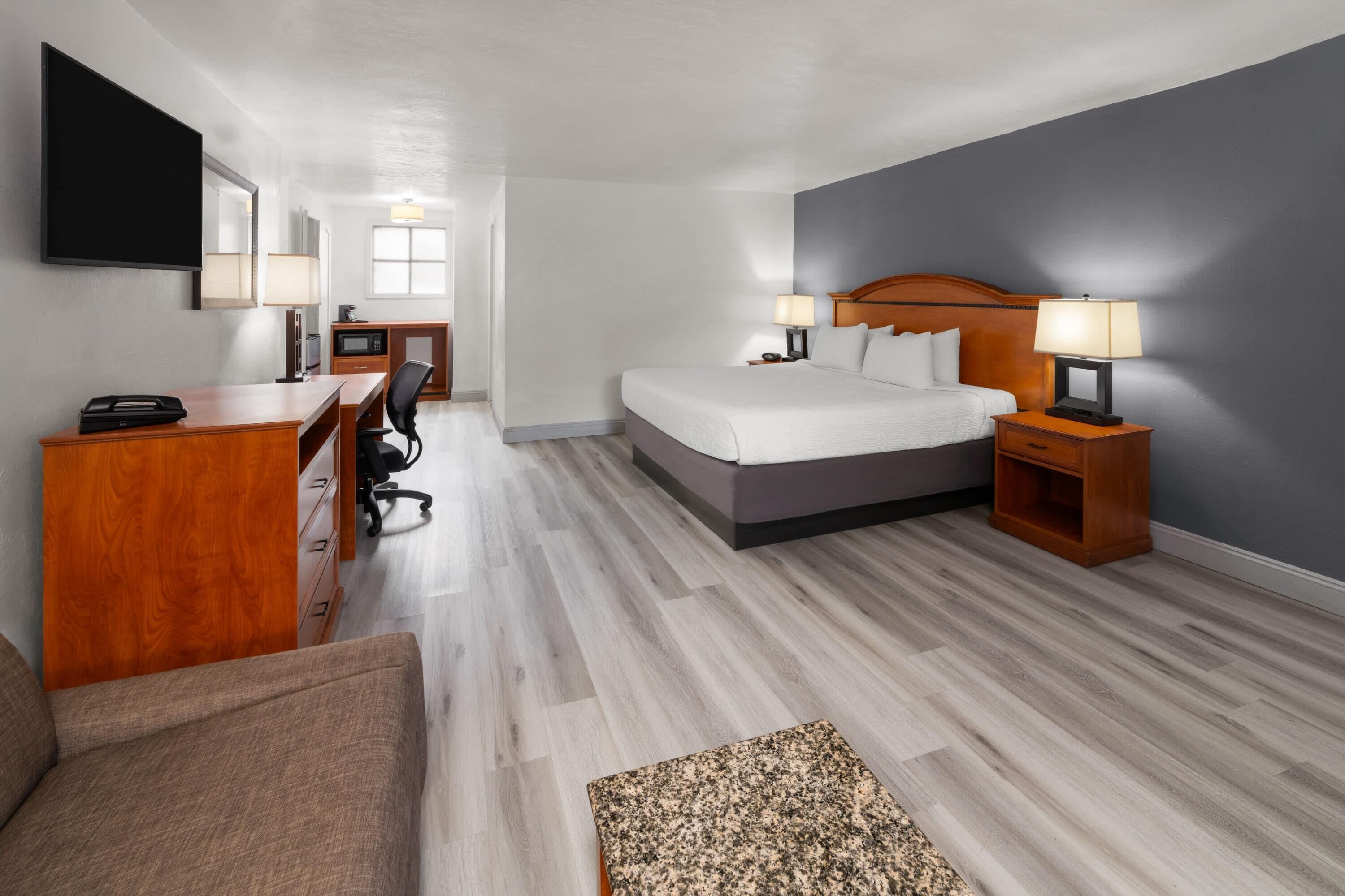 Suite, 1 King Bed, Non Smoking | Desk, laptop workspace, blackout drapes, iron/ironing board