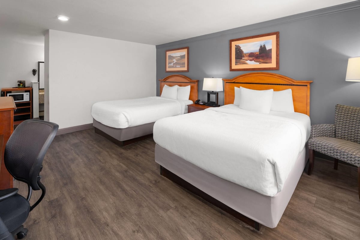 A hotel room with two beds, a desk, a chair, and a microwave.